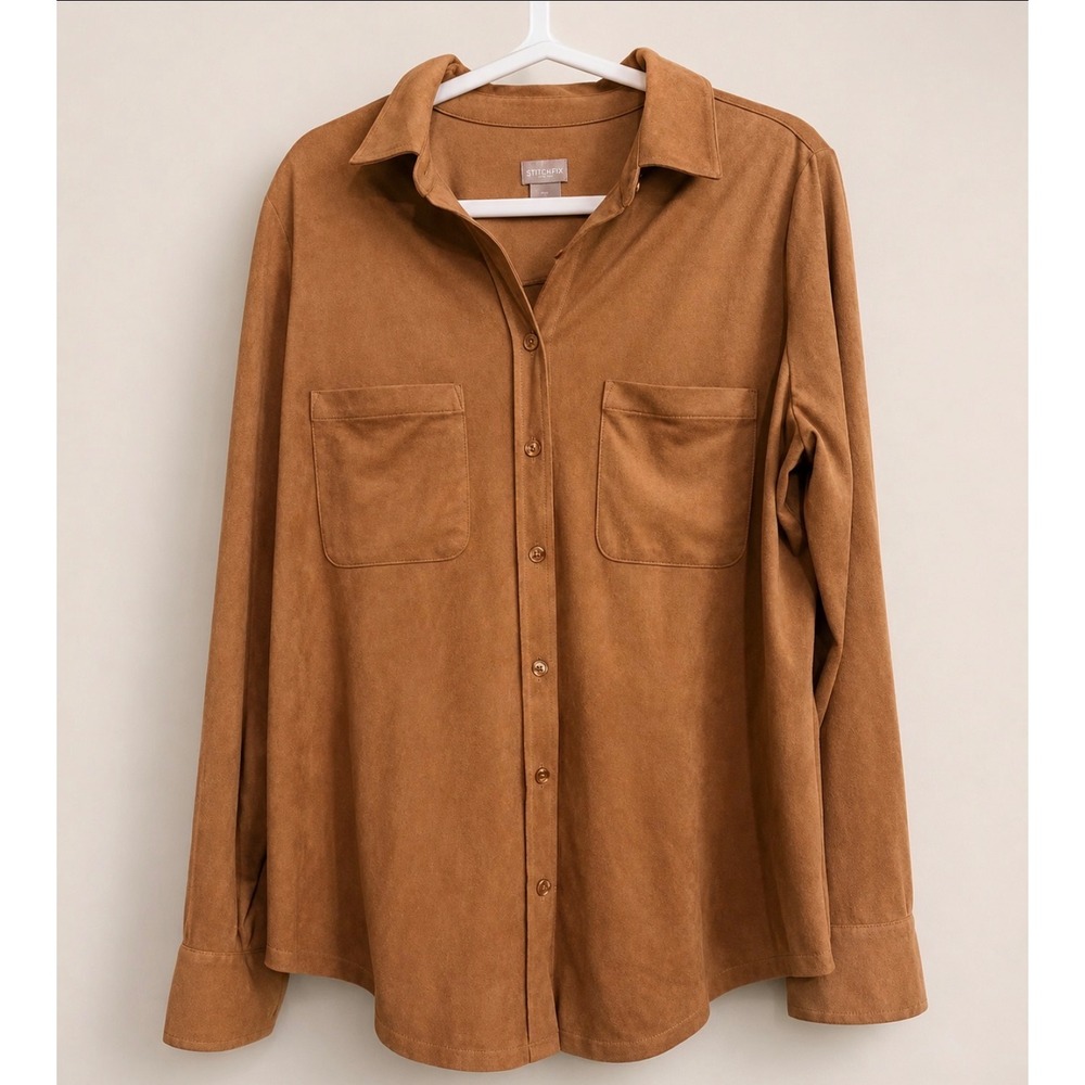 Chicos Brown Faux Suede Button Up Shirt Top Womens Size 1 Medium Long Sleeve